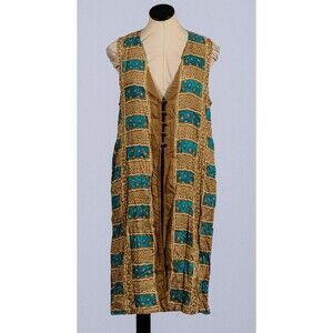 Casual Corner Rayon Taupe Teal Long African Print Boho Tunic Vest Dress Topper S